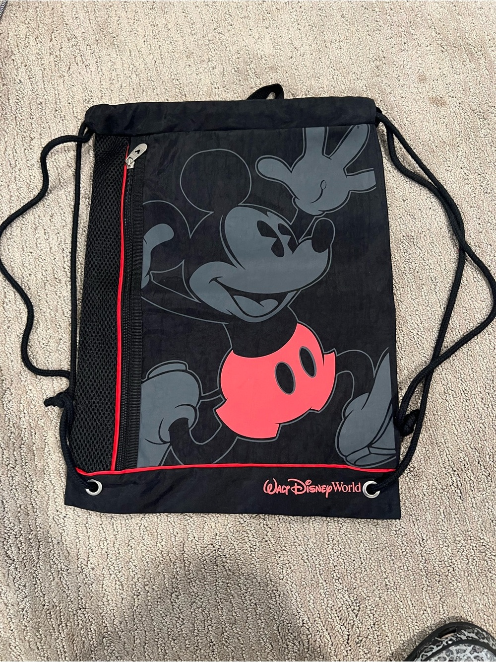 Disney Black Drawstring Backpack with Red Accents and Mickey Graphic